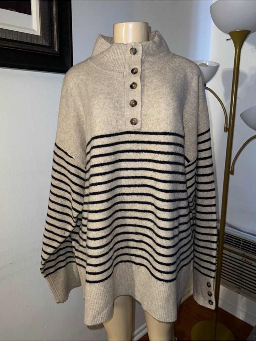 Zara Cream & Black Striped Button-Up Turtleneck Sweater
